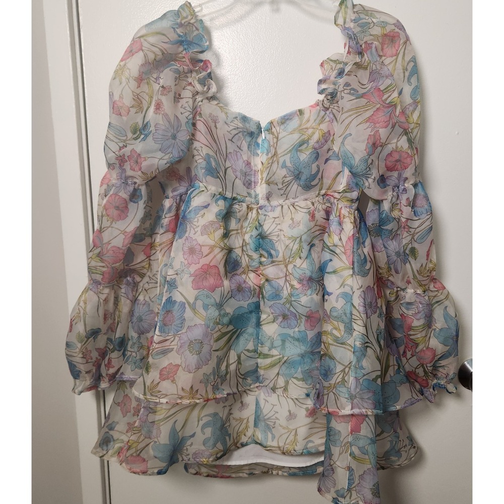 Forever 21 Floral Pastel Organza Puff Sleeve Babydoll Mini Dress Vtg Y2K Medium - Picture 8 of 16